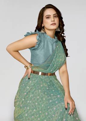 Rama Embroidered Net Saree With Blouse Piece 5