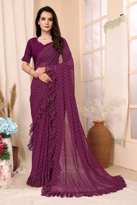 Wine Embellished Georgette Saree With Blouse Piece 1