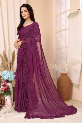 Wine Embellished Georgette Saree With Blouse Piece 2
