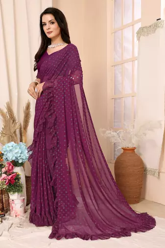 Wine Embellished Georgette Saree With Blouse Piece