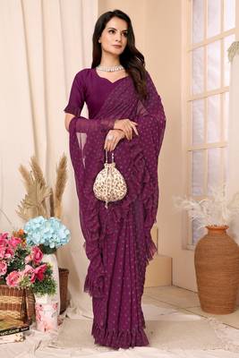 Wine Embellished Georgette Saree With Blouse Piece 3