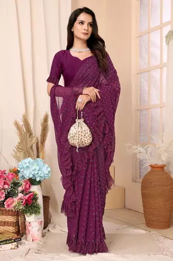 Wine Embellished Georgette Saree With Blouse Piece
