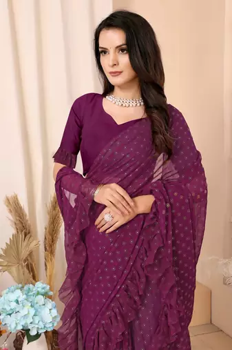 Wine Embellished Georgette Saree With Blouse Piece
