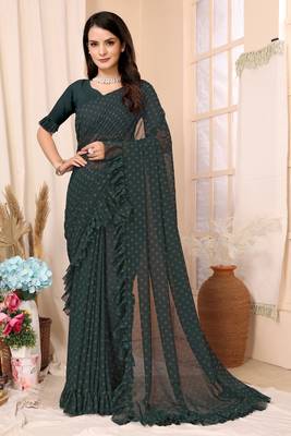 Bottle Green Embellished Georgette Saree With Blouse Piece 1