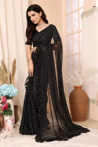 Black Embellished Georgette Saree With Blouse Piece