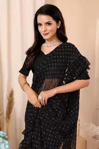 Black Embellished Georgette Saree With Blouse Piece