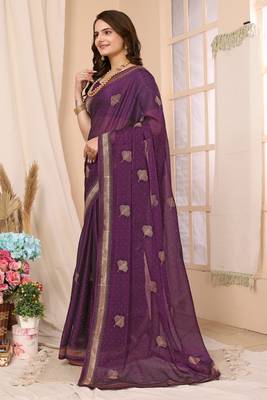 Purple Embroidered Chiffon Saree With Blouse Piece 1