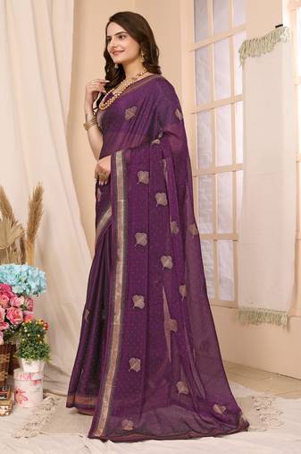 Purple Embroidered Chiffon Saree With Blouse Piece