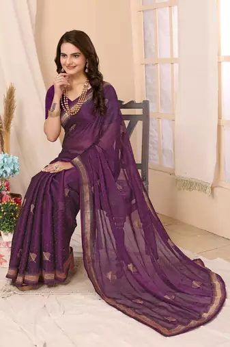 Purple Embroidered Chiffon Saree With Blouse Piece