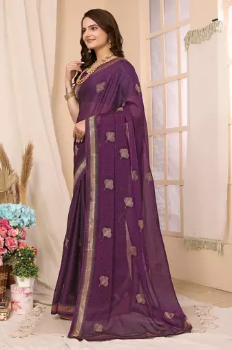 Purple Embroidered Chiffon Saree With Blouse Piece