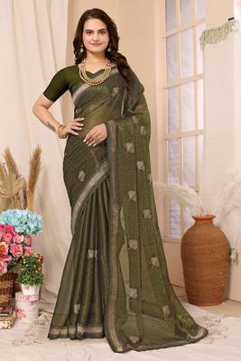 Green Embroidered Chiffon Saree With Blouse Piece 1