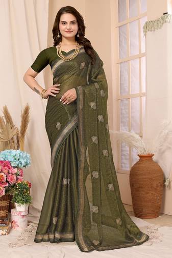 Green Embroidered Chiffon Saree With Blouse Piece