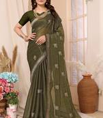 Green Embroidered Chiffon Saree With Blouse Piece