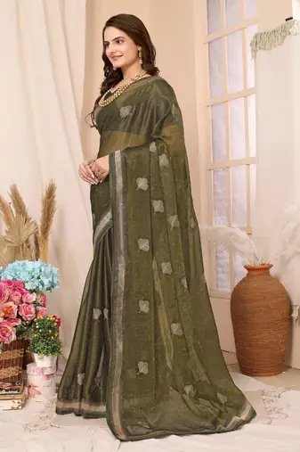 Green Embroidered Chiffon Saree With Blouse Piece