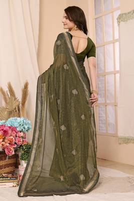 Green Embroidered Chiffon Saree With Blouse Piece 5