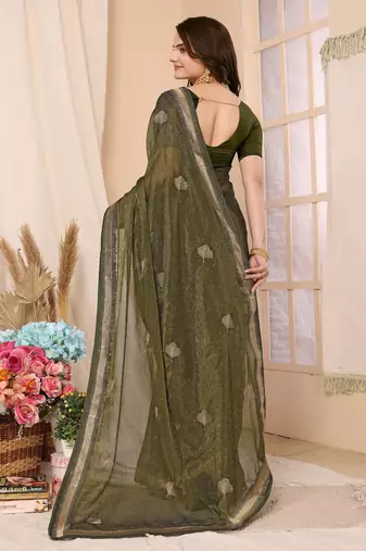Green Embroidered Chiffon Saree With Blouse Piece