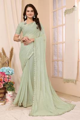 Pista Green Embellished Georgette Saree With Blouse Piece 1