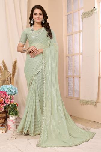 Pista Green Embellished Georgette Saree With Blouse Piece