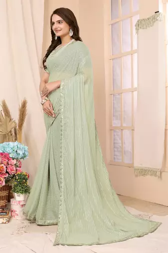 Pista Green Embellished Georgette Saree With Blouse Piece