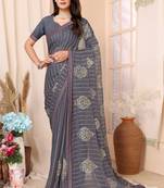 Grey Embroidered Chiffon Saree With Blouse Piece