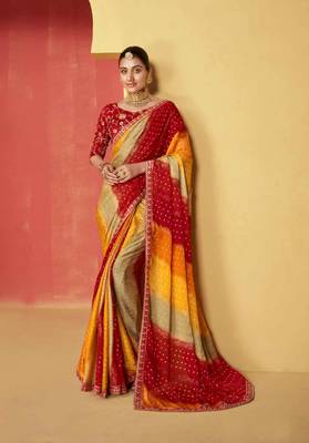 Beautiful Foil Print Moss Chiffon With Embroidery Border Work Saree 1