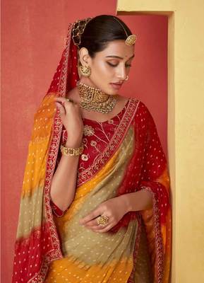 Beautiful Foil Print Moss Chiffon With Embroidery Border Work Saree 2