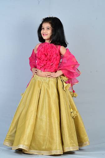 Aglare heavy Oraganza Rose Flower  ethnic Lehenga choli for small girls,Girls,Baby girls,kids.Magenta gold
