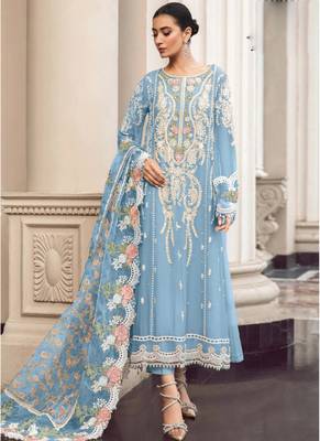 Sky blue faux georgette embroidery pakistani salwar suit 1