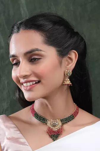 Gold plated ruby green hydra necklace set