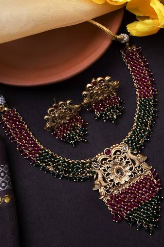 Gold plated ruby green peacock hydra necklace set