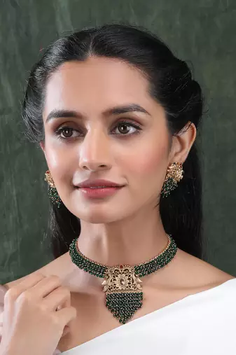 Gold plated green peacock hydra necklace set
