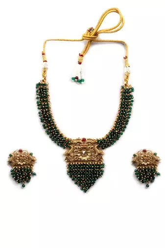 Gold plated green peacock hydra necklace set