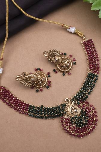 Gold plated ruby green mayuraksh hydra necklace set