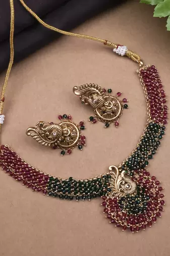 Gold plated ruby green mayuraksh hydra necklace set
