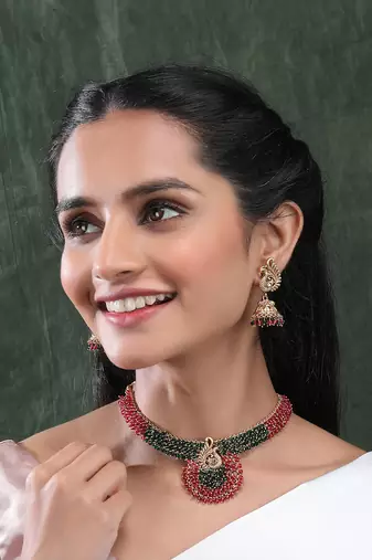 Gold plated ruby green mayuraksh hydra necklace set