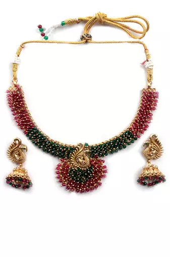 Gold plated ruby green mayuraksh hydra necklace set