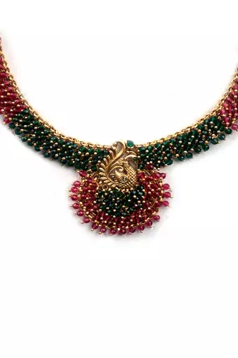 Gold plated ruby green mayuraksh hydra necklace set