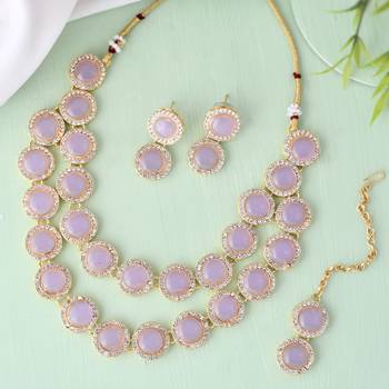 Sasha  pink multi layered pink kundan jewelry set with necklace, earrings and maang tikka 1