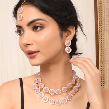 Sasha  pink multi layered pink kundan jewelry set with necklace, earrings and maang tikka 2