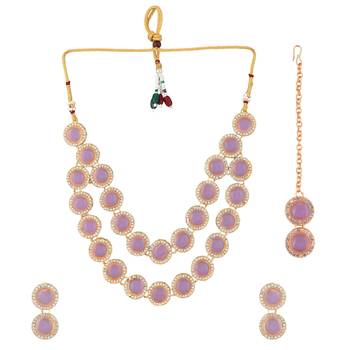 Sasha  pink multi layered pink kundan jewelry set with necklace, earrings and maang tikka 3