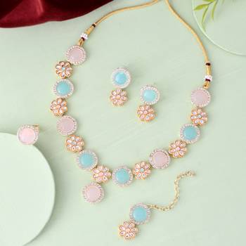 Sasha  pink and blue kundan jewellery set for women & girls (necklace and earrings with ring and mang tikka) 1