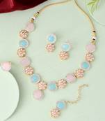 Sasha  pink and blue kundan jewellery set for women & girls (necklace and earrings with ring and mang tikka)