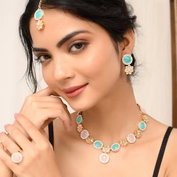 Sasha  pink and blue kundan jewellery set for women & girls (necklace and earrings with ring and mang tikka) 2