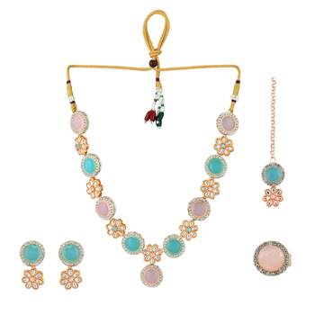 Sasha  pink and blue kundan jewellery set for women & girls (necklace and earrings with ring and mang tikka) 3