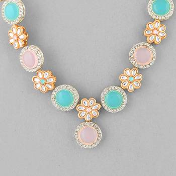 Sasha  pink and blue kundan jewellery set for women & girls (necklace and earrings with ring and mang tikka) 4