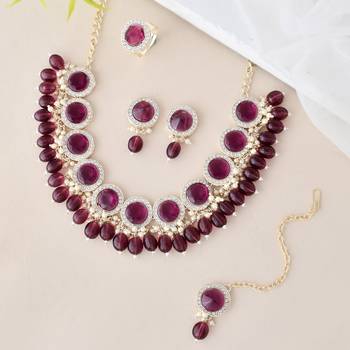 Sasha  bridal golden $ ruby pink kundan cz jewelry set for women & girld, necklace and earrings with ring and mang tikka 1