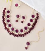Sasha  bridal golden $ ruby pink kundan cz jewelry set for women & girld, necklace and earrings with ring and mang tikka