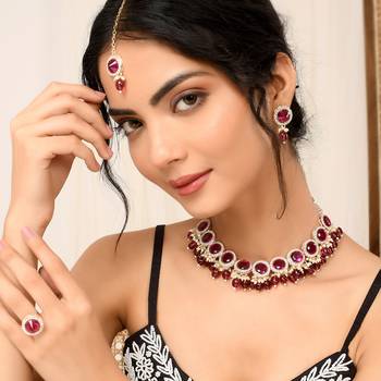 Sasha  bridal golden $ ruby pink kundan cz jewelry set for women & girld, necklace and earrings with ring and mang tikka 2