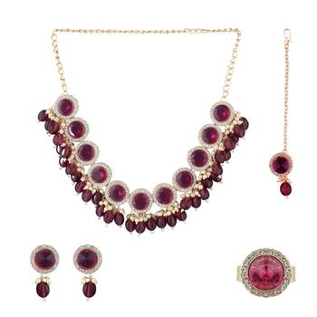 Sasha  bridal golden $ ruby pink kundan cz jewelry set for women & girld, necklace and earrings with ring and mang tikka 3