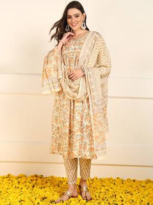 women orange pure cotton floral embroidered straight kurta trouser with dupatta 1